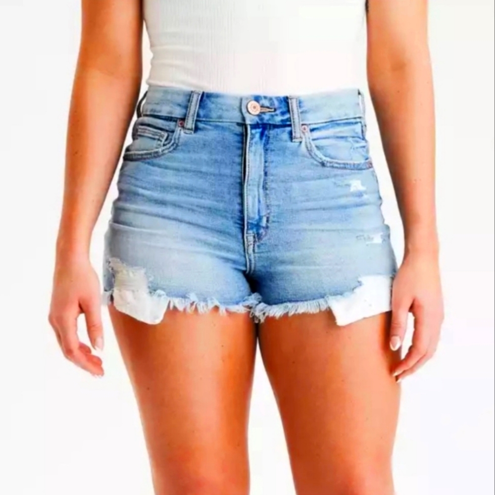 American Eagle Hi Rise Shortie Distressed Jeans Shorts Size 6 Medium Wash Denim